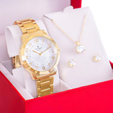 Relgio Feminino Champion Cn25118w Fundo Branco Kit Colar E Brincos
